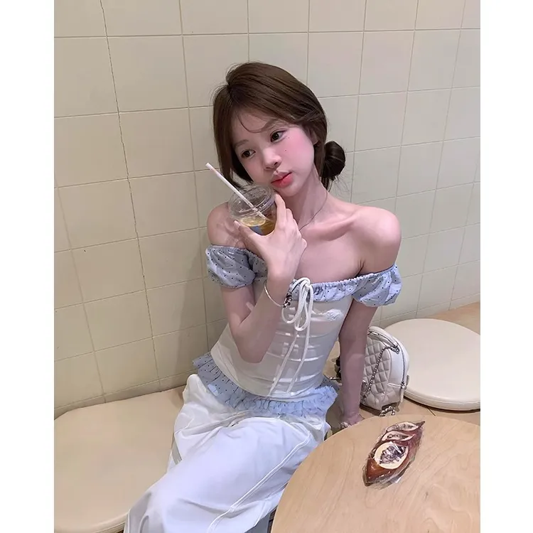 韩系芭蕾风短袖女夏季波点一字肩t恤修身显瘦露肩上衣裤子套装