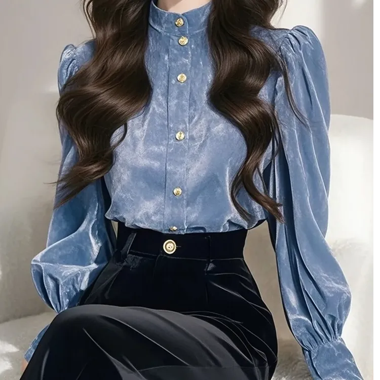 法式立领金丝绒泡泡袖衬衫女早春装2025新款高级感打底衫长袖上衣