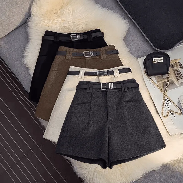 毛呢短裤秋冬外穿a字短裤高腰显瘦靴裤百搭阔腿裤A字胖MM大码