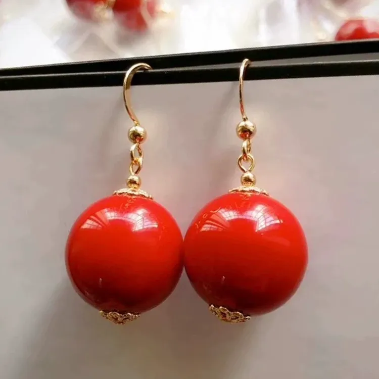 新中式民族风耳环红色大珠子耳饰高级感真玉复古耳钉耳坠旗袍配饰