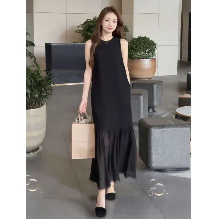 法式气质网纱拼接无袖背心连衣裙女2025新款夏季宽松显瘦气质长裙