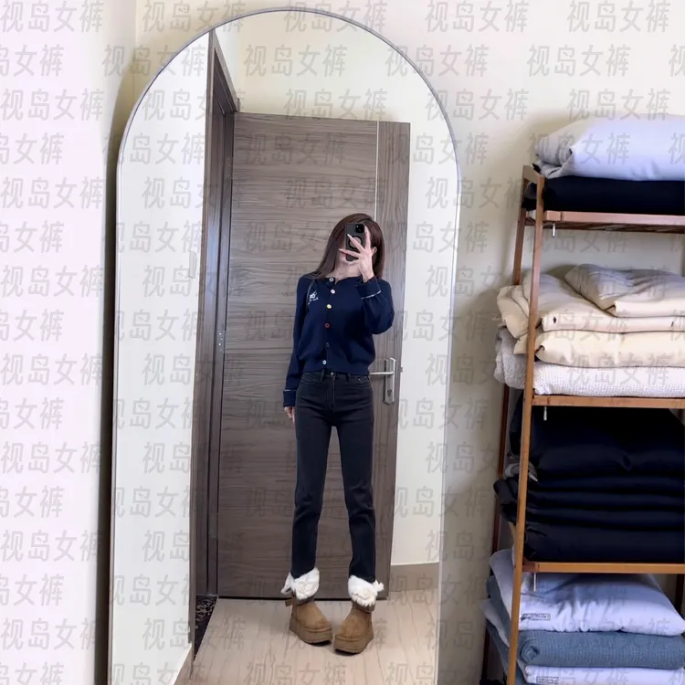 视岛黑灰色加绒高腰直筒显瘦2025秋冬裤子女复古百搭时尚气质品质