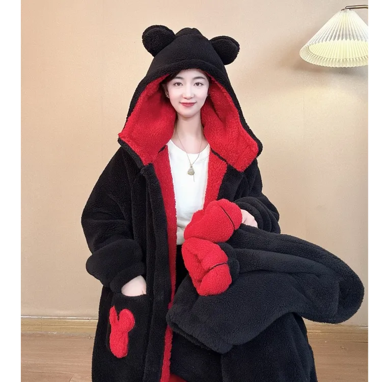 黑红米奇冬双层连帽中长款加绒加厚保暖新年家居服睡衣睡袍情侣款