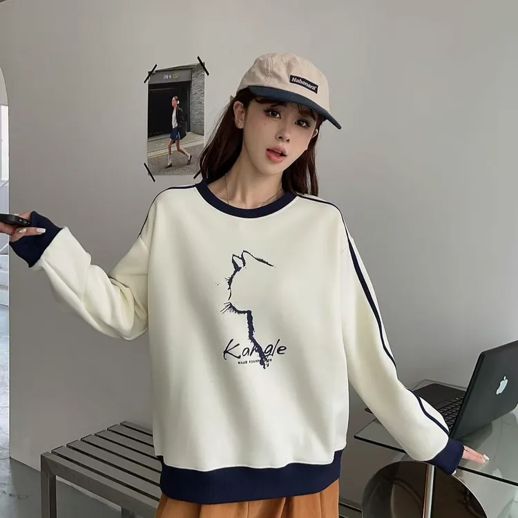 Y292秋季新款韩版时尚百搭女士撞色印花小猫字母拉条卫衣25-150