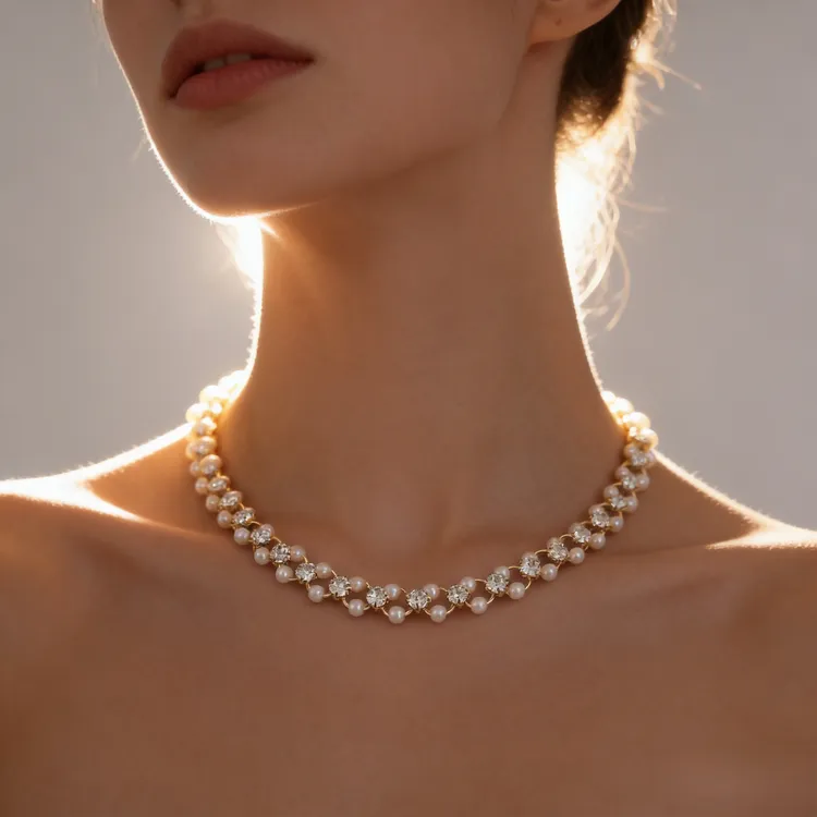 铜合金仿珍珠项链 环环相扣素链颈链锁骨链轻奢时尚毛衣链