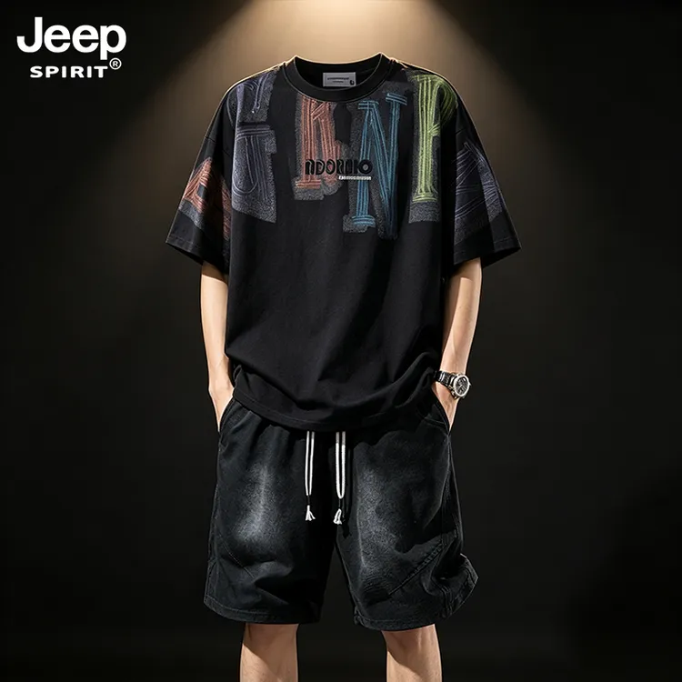 JEEPSPIRIT吉普男士套装夏季新款字母短袖短裤美式大码休闲两件套