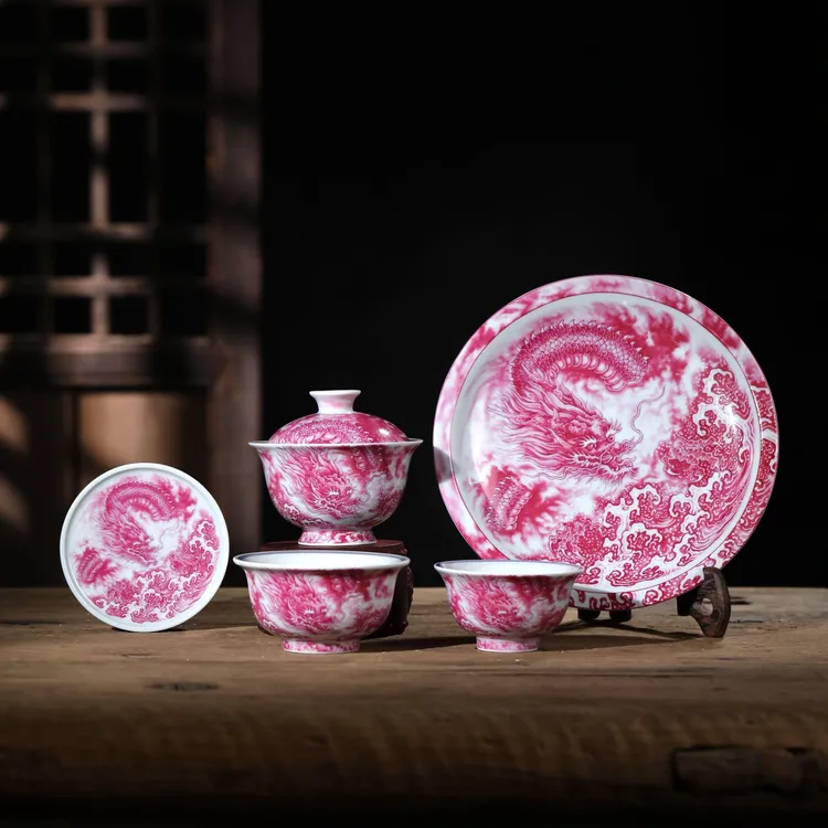 景德镇手工高温瓷宝石红飞龙在天龙纹五件套礼盒装茶具