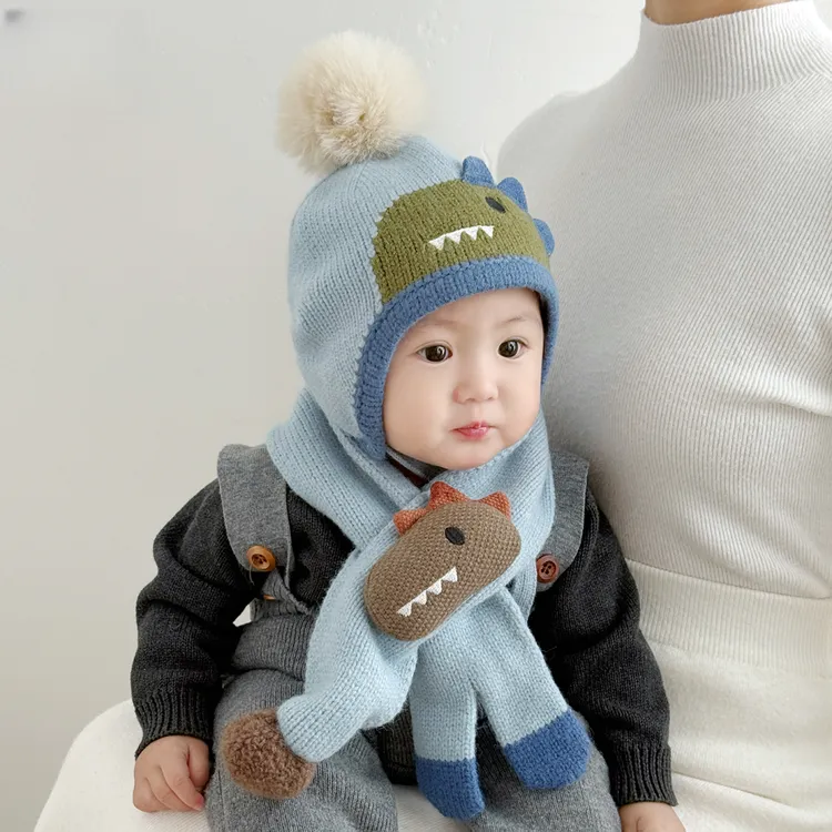 婴儿帽子秋冬季男宝宝可爱针织帽婴幼儿冬季毛线帽外出护耳帽围巾