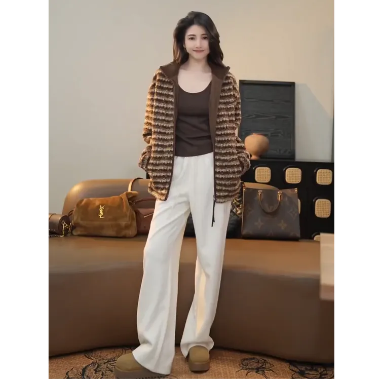 小乖逃休闲黄咖色条纹外套高领毛绒外套卷毛宽松秋冬百搭款TS8171