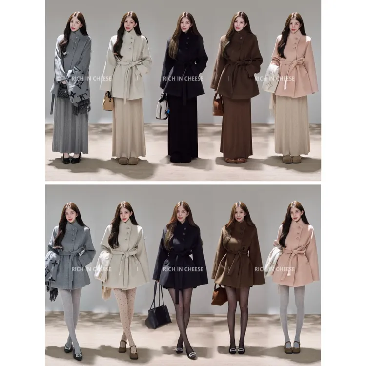 舒胡蕾 冬日旧约 高定设计感立领系带收腰百搭毛呢短外套（含腰带）