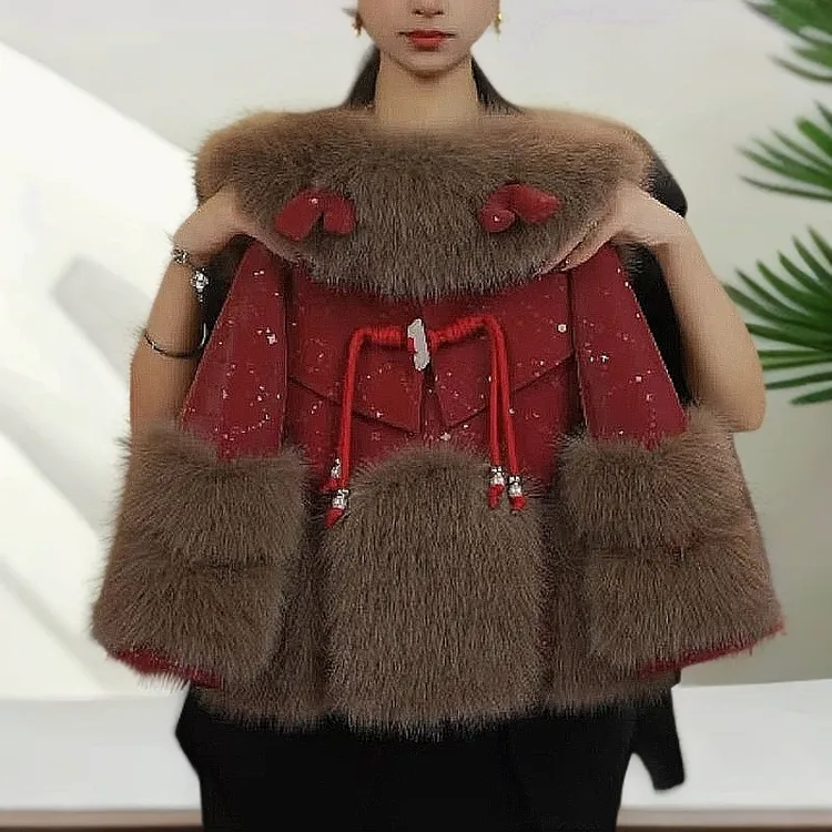 女童毛领外套冬季洋气加绒毛领加厚毛毛衣红色新年服160cm毛绒