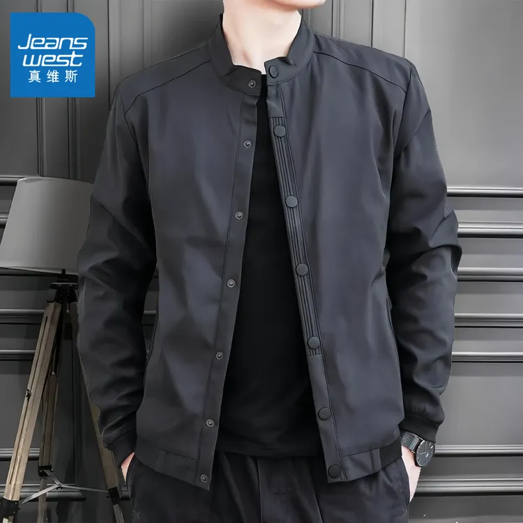 Jeanswest/真维斯外套男春秋季休闲宽松百搭潮流立领夹克上衣服男