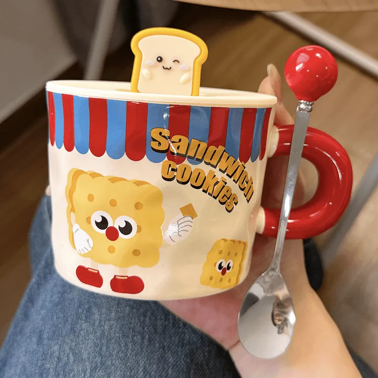 吐司面包马克杯创意陶瓷杯子带盖办公室水杯情侣咖啡牛奶早餐杯LQ
