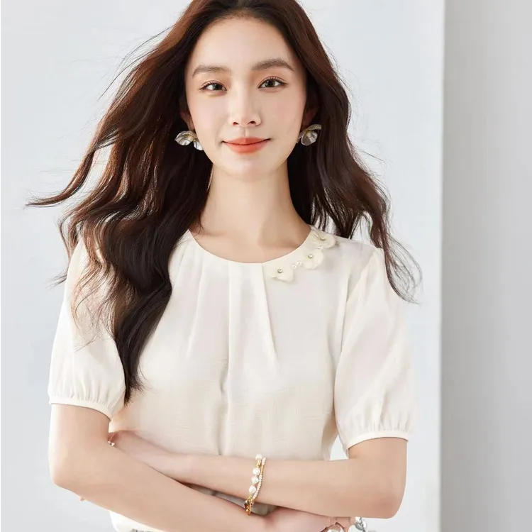 燕苹新夏款百搭圆领气质花边钉珠设计感法式小众五分袖衬衫HJ001