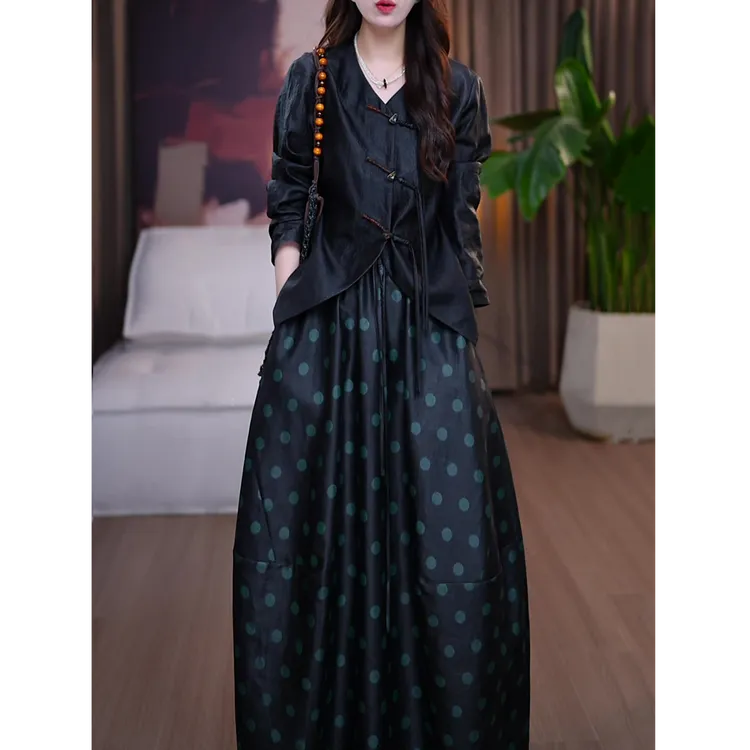 新中式时尚套装女2025秋装新款国风气质显瘦长袖衬衫+波点半身裙