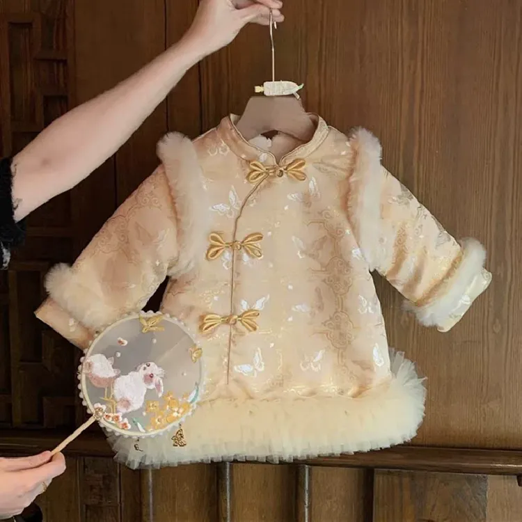女童加绒旗袍汉服裙冬季2025新款儿童加厚保暖拜年服女宝宝周岁服