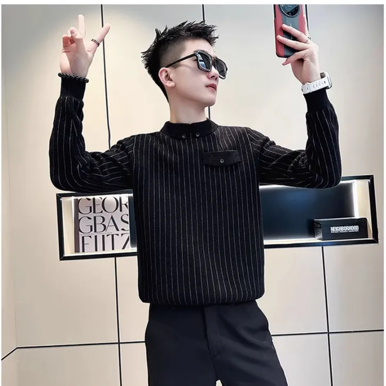 POLO衫领毛衣男加厚条纹打底衫长袖内搭上衣秋冬季新款潮牌针织衫