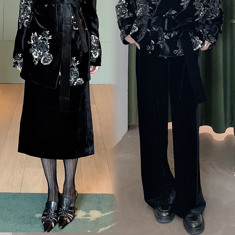 M essential 真丝丝绒 黑色半身裙长裤