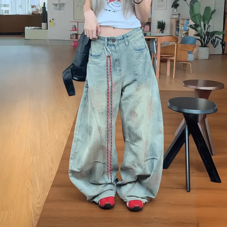 热款美式复古脏染做旧牛仔裤女夏季设计感宽松弯刀阔腿高腰拖地裤