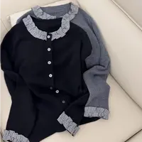 【原 歌】YG秋上新230克 100羊毛花边面料拼接针织开衫女YG920