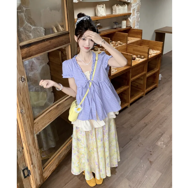 大码女装夏季新款胖mm宽松显瘦假两件上衣+油画感大裙摆半裙套装