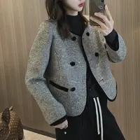 灰色条纹女短小香外套百搭秋冬休闲宽松春秋修身秋季外套韩版