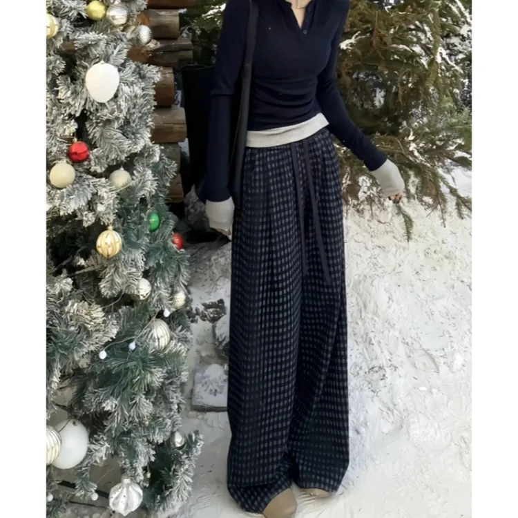 复古格纹加绒直筒休闲裤女2025秋冬新款梨形显瘦宽松垂感阔腿裤