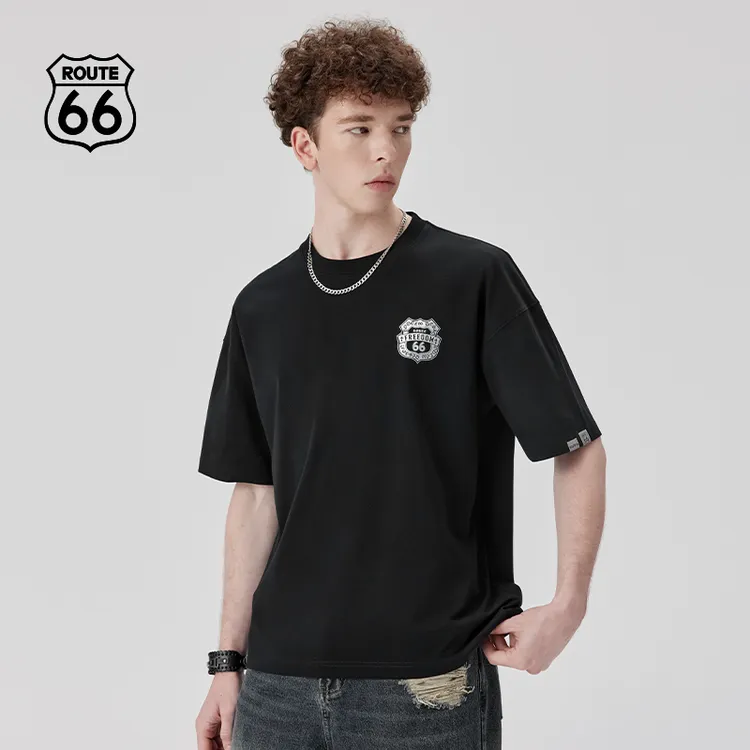 Route66/66号公路夏季烫银徽章盾牌LOGO冰感速干情侣短袖潮牌t恤