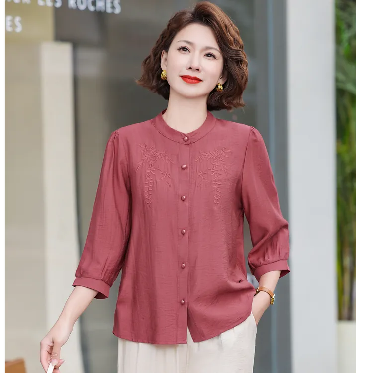 2025新款圆领衬衫妈妈装春夏七分袖上衣服洋气中老年女装夏装小衫