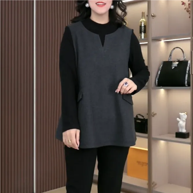 丹思慕大码女装冬季新款休闲风宽松假两件时尚显瘦上衣ZSX25A0535