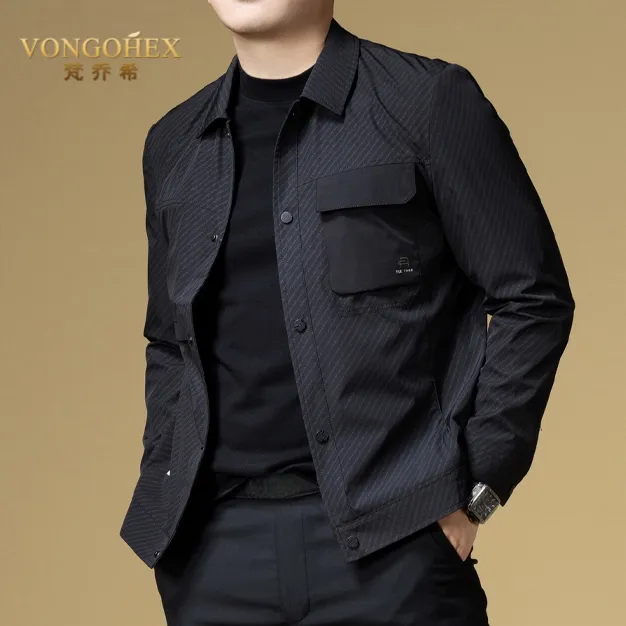 VONGOHEX翻领夹克外套男士秋冬高档商务休闲条纹加绒运动茄克上衣