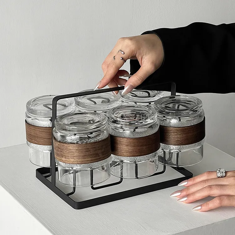 中式复古竹套玻璃杯套装家用客厅待客轻奢高颜值喝水杯子泡茶杯具