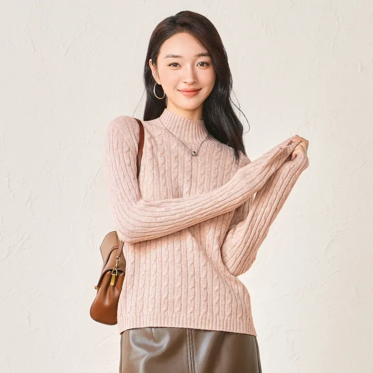 春竹品牌2025冬季爆款半高领时尚绞花100%纯羊毛衫高档品质毛衣女