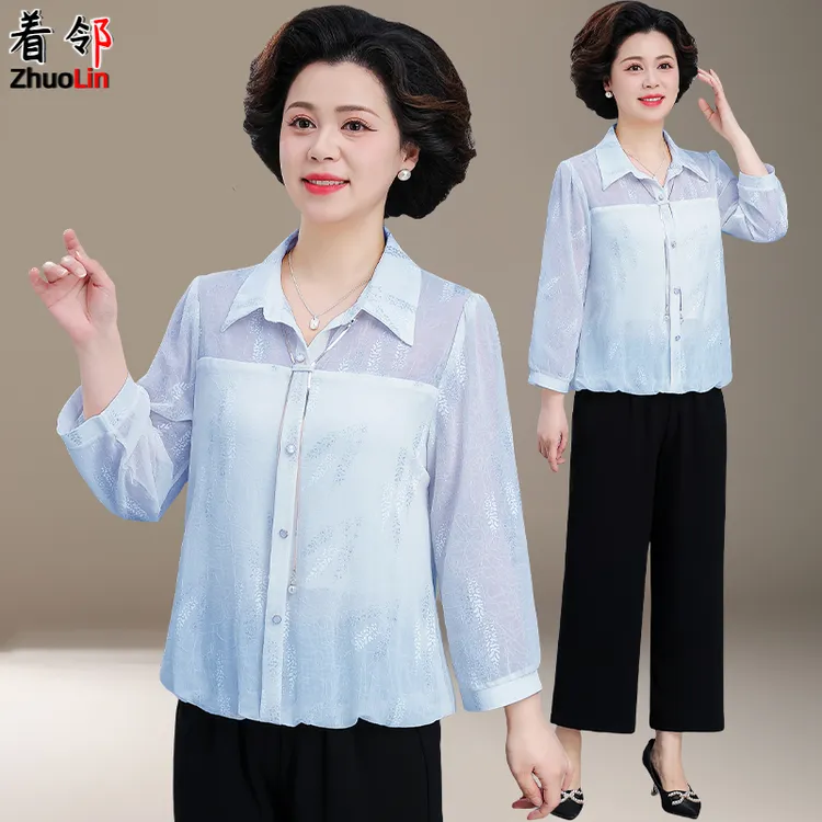 洋气质妈妈春装薄衬衫套装2025新款中老年人春夏季雪纺衫女两件套