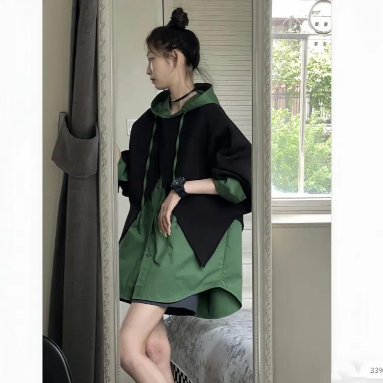 小众设计感INS风绿色连帽衬衫+黑色外搭韩版休闲时尚叠穿两件套女
