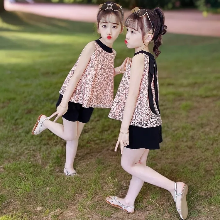 女童儿童夏季洋气时髦网红韩版夏装套装夏季中小童甜美碎花无袖