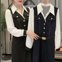 减龄百搭假两件设计感拼色衬衫连衣裙141#