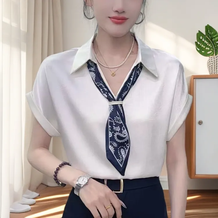 8989设计款时尚韩版翻领短袖女士夏季气质显瘦减龄系带丝巾