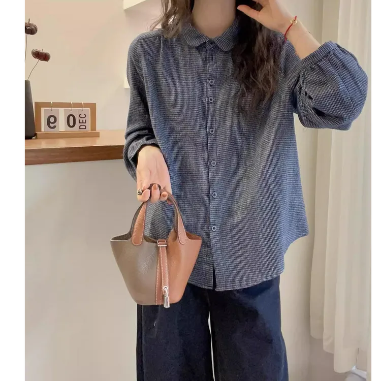 欧货原版小格子长袖衬衫女2025秋新款文艺复古灯笼袖翻领开衫衬衣