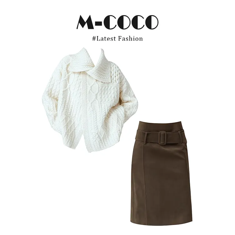 MARIE.COCO新款入冬搭一整套翻领麻花针织毛衣高腰显瘦半身裙女装