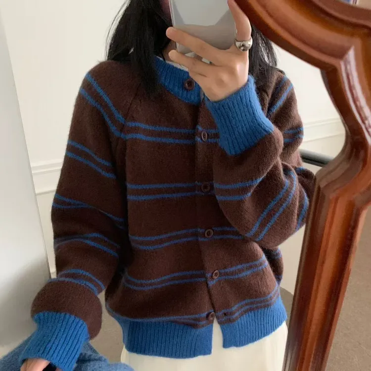 法式复古条纹撞色毛衣外套女2025秋冬新款高级感气质针织开衫上衣