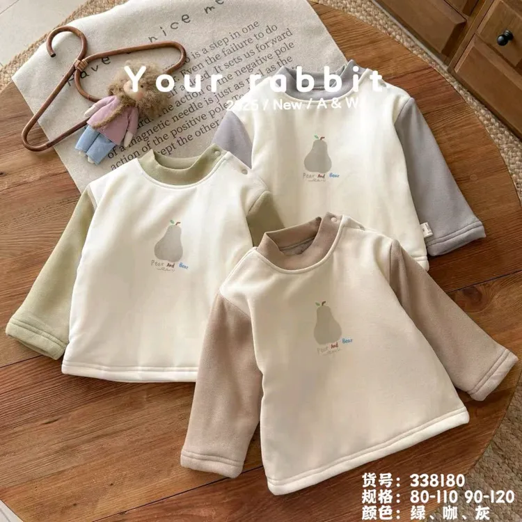 玥儿兔婴儿宝宝纯棉A类肩扣圆领蚕丝内搭打底儿童加绒秋冬加厚