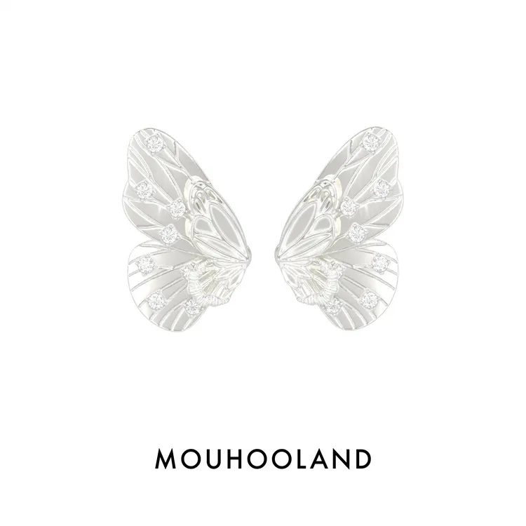 Mouhooland/暮后之地 铜合金锆石耳饰 蝶翼双层耳钉925银针拉丝