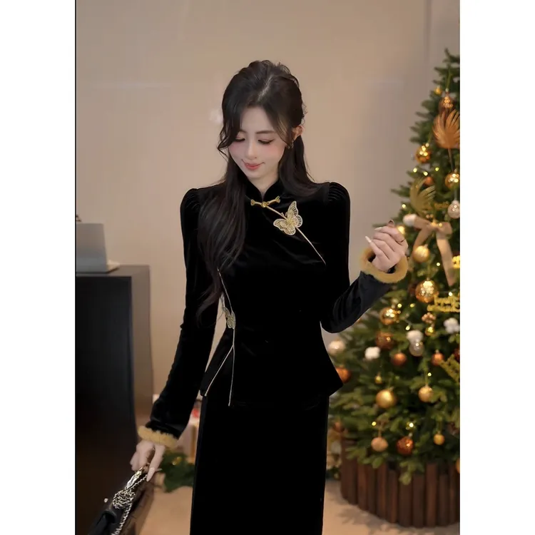 YUANLIANSU/圆脸酥【鹤落南山】新中式国风蝴蝶立领盘扣丝绒衬衫