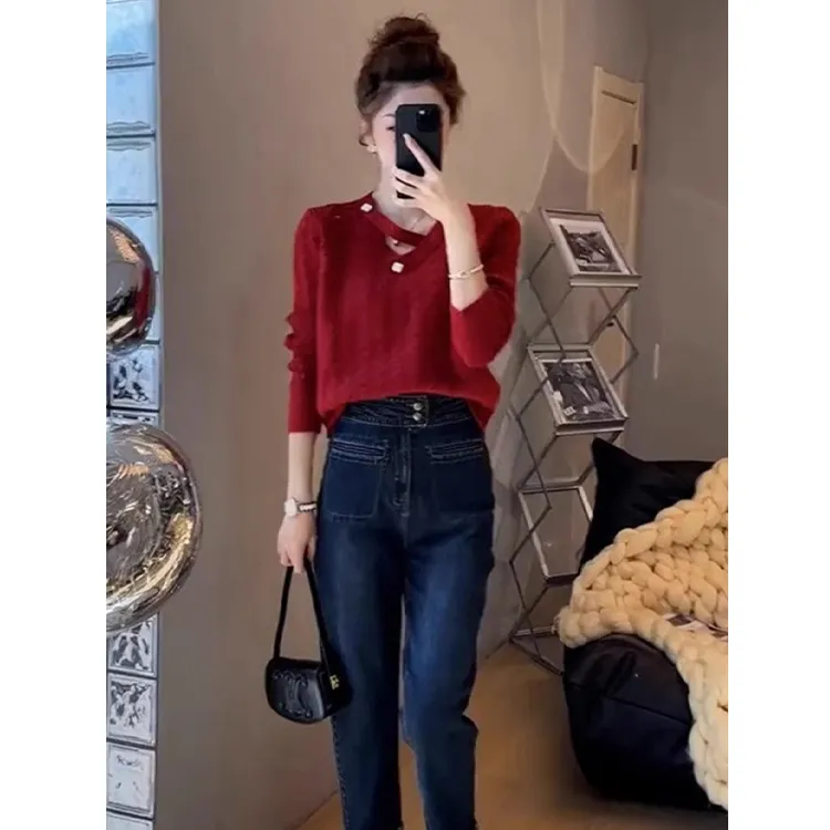 早秋装搭配一整套高级感韩剧小个子茶系穿搭红色女款毛衣两件套女
