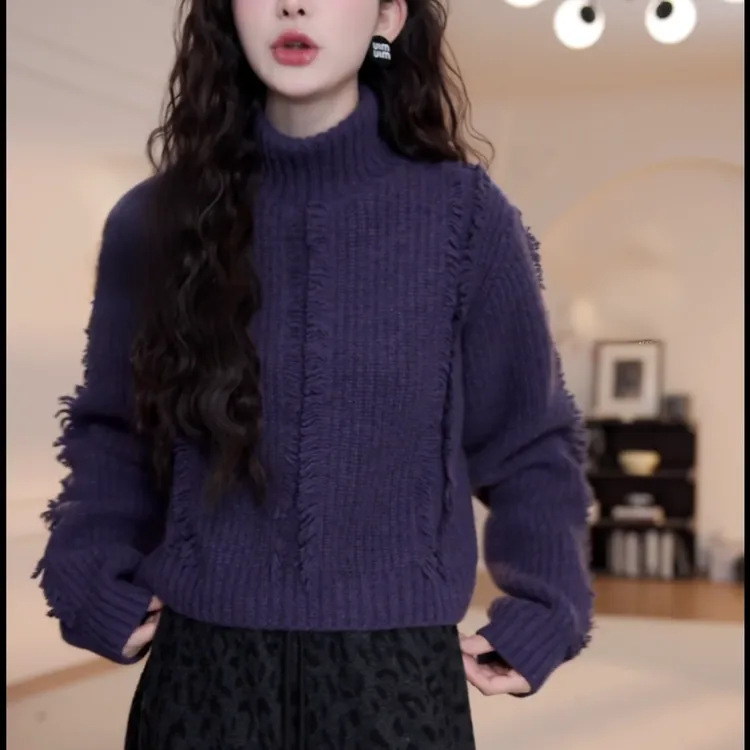 高级感宽松韩版时尚半高领流苏毛衣女秋冬长袖针织衫LK2509089