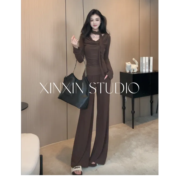【XINXIN定制】针织飘带荡领设计感显瘦上衣+直筒长裤两件套