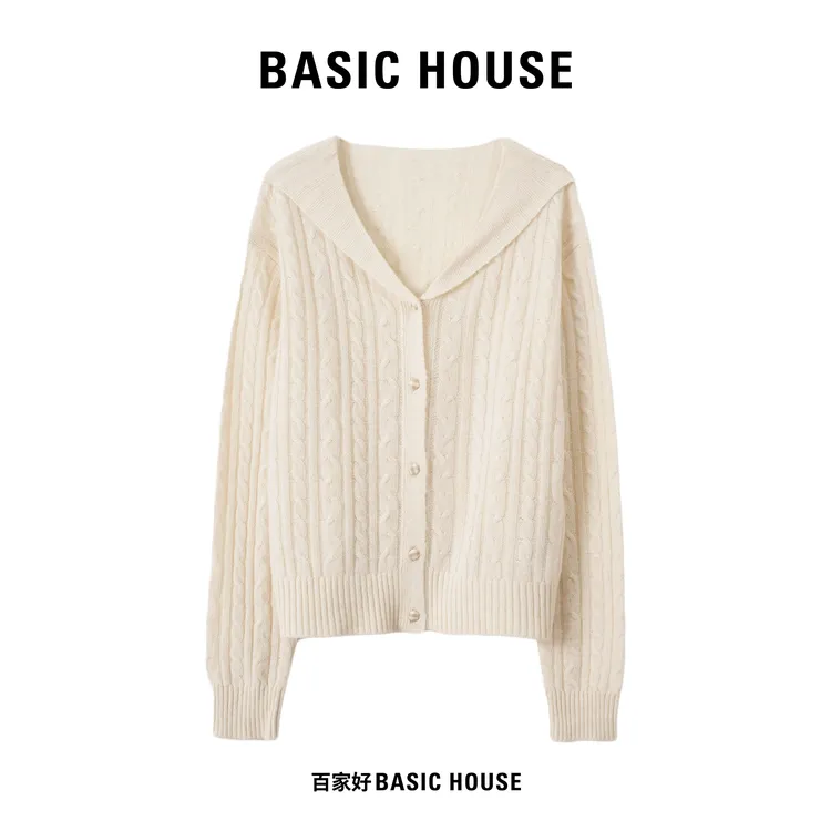 Basic House/百家好2025秋新款海军领单排扣纹理感针织衫Q082 XX