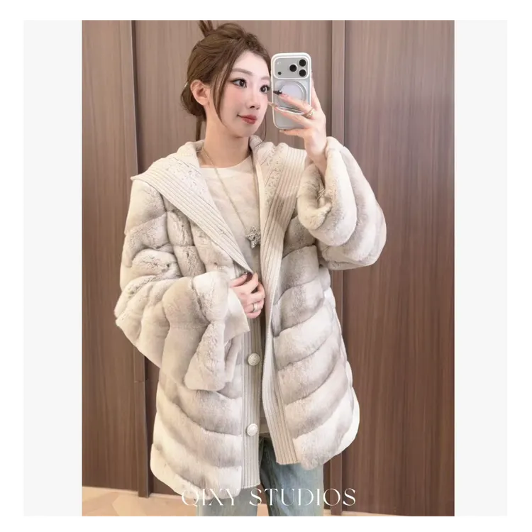 Qixiaoyao 丝绒青紫蓝兔皮毛一体皮草针织连帽外套冬#YTXNQ25T11