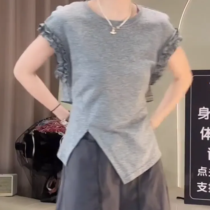 韩系休闲不规则拼接木耳边T恤女2025夏季新款设计师纯色短袖上衣